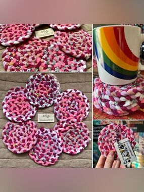 Set of Six Braided Coasters - Hot Pink Watercolor